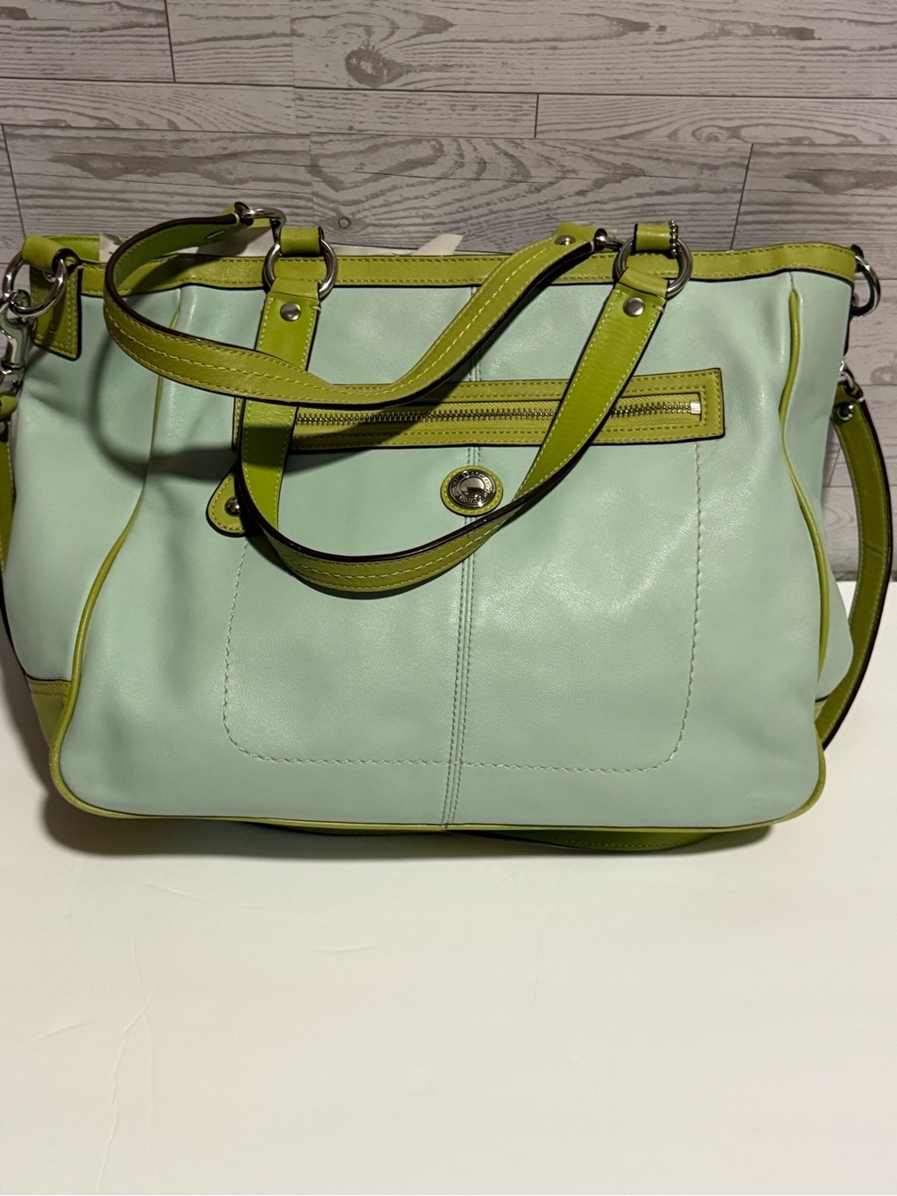 Coach Laura Leather Large Tote Shoulder Handbag F14887 Green tones Hangtag